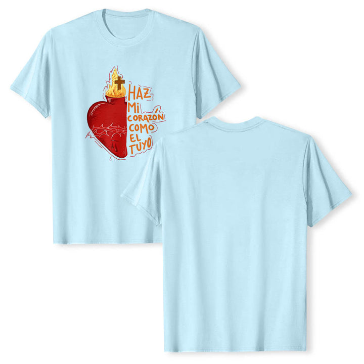 Christianartworkshop Sacred Thorn Wound Flame Cross Heart Spanish Devotional Slogan Front Print Classic T-Shirt - image 11