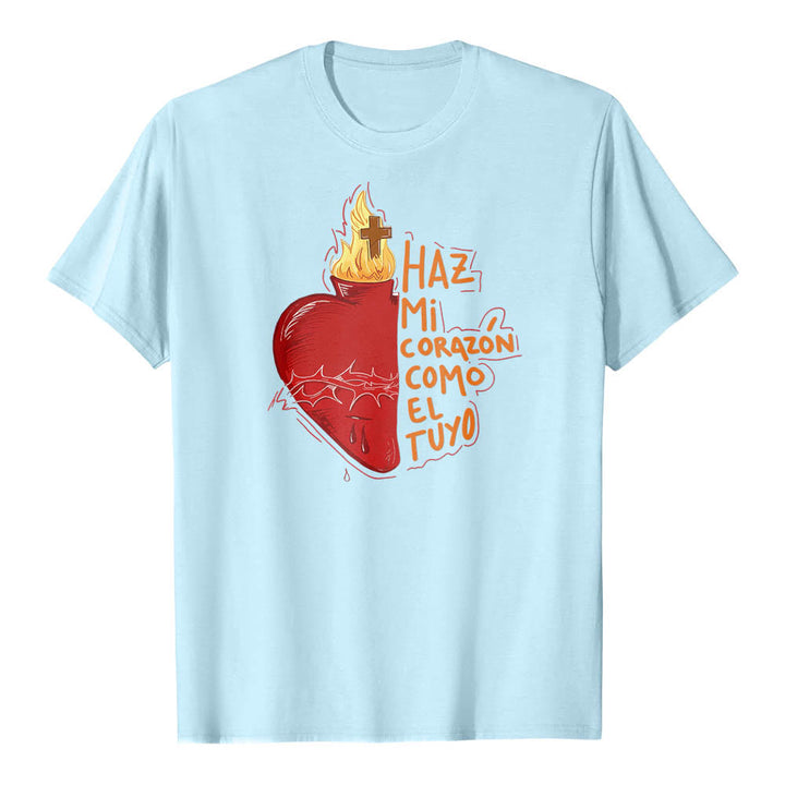 Christianartworkshop Sacred Thorn Wound Flame Cross Heart Spanish Devotional Slogan Front Print Classic T-Shirt - Blue - 2XL - image 10