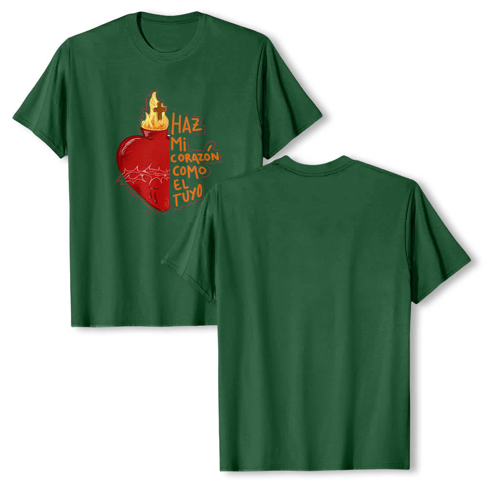 Christianartworkshop Sacred Thorn Wound Flame Cross Heart Spanish Devotional Slogan Front Print Classic T-Shirt - image 7