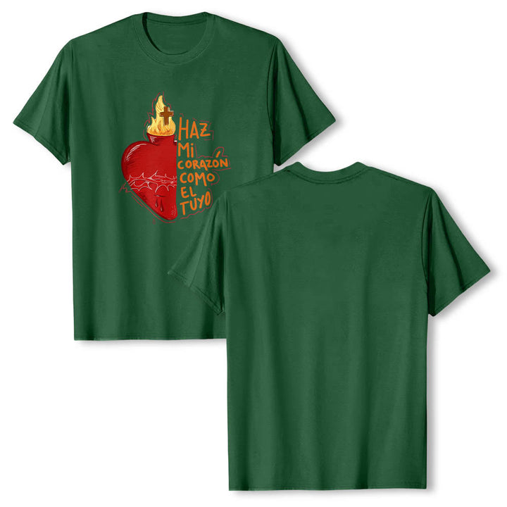Christianartworkshop Sacred Thorn Wound Flame Cross Heart Spanish Devotional Slogan Front Print Classic T-Shirt - image 7