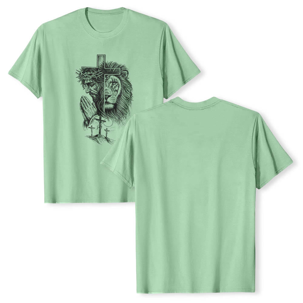 Christianartworkshop Split Portrait Praying Jesus Lion Cross Golgotha Three Cross Front Print Classic T-Shirt - image 15