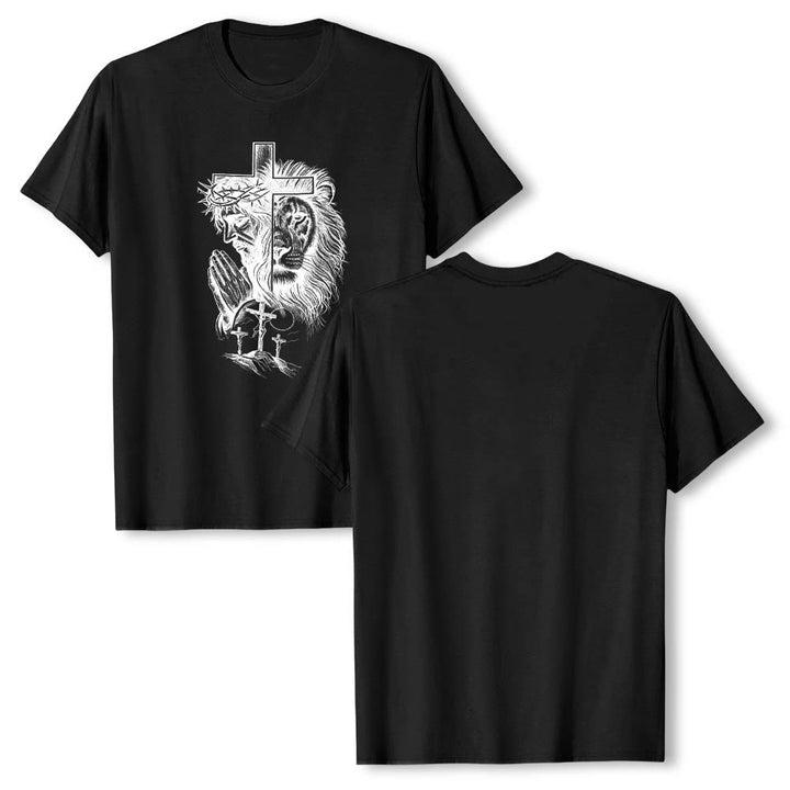 Christianartworkshop Split Portrait Praying Jesus Lion Cross Golgotha Three Cross Front Print Classic T-Shirt - image 9