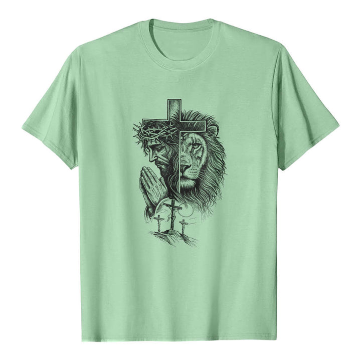 Christianartworkshop Split Portrait Praying Jesus Lion Cross Golgotha Three Cross Front Print Classic T-Shirt - Light Green - 2XL - image 14