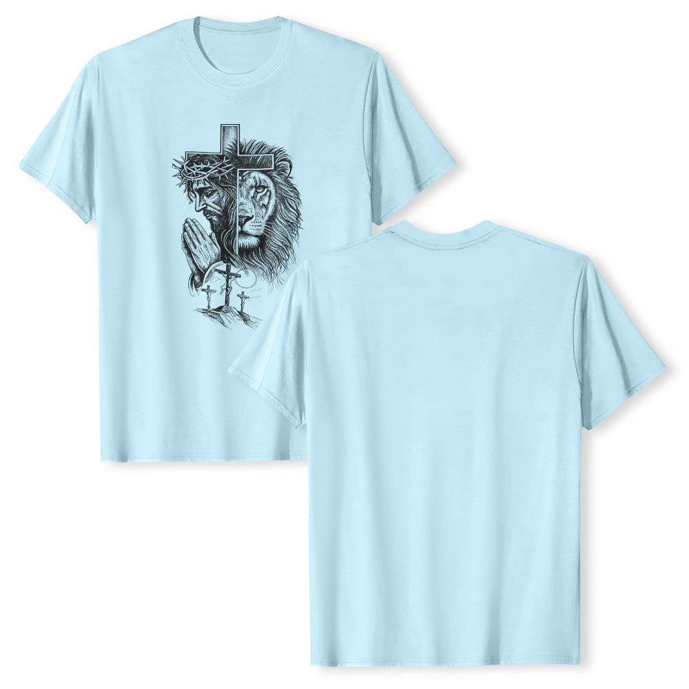 Christianartworkshop Split Portrait Praying Jesus Lion Cross Golgotha Three Cross Front Print Classic T-Shirt - image 11