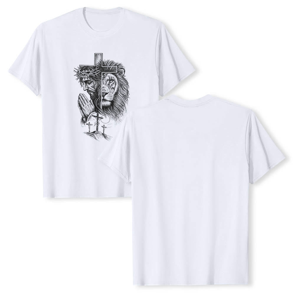 Christianartworkshop Split Portrait Praying Jesus Lion Cross Golgotha Three Cross Front Print Classic T-Shirt - image 1