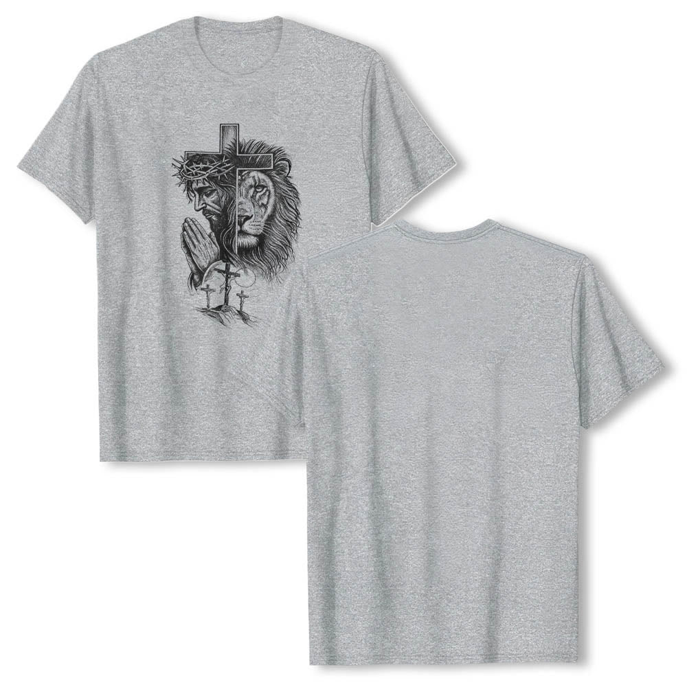 Christianartworkshop Split Portrait Praying Jesus Lion Cross Golgotha Three Cross Front Print Classic T-Shirt - image 5