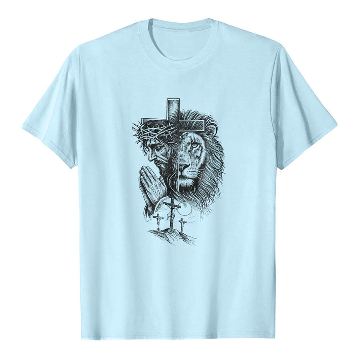 Christianartworkshop Split Portrait Praying Jesus Lion Cross Golgotha Three Cross Front Print Classic T-Shirt - Blue - 2XL - image 10