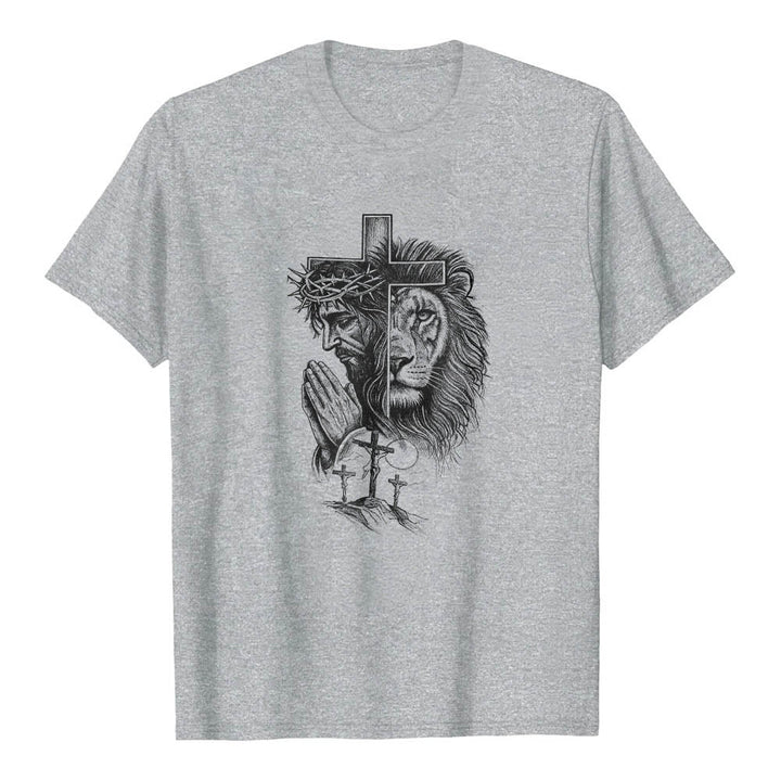 Christianartworkshop Split Portrait Praying Jesus Lion Cross Golgotha Three Cross Front Print Classic T-Shirt - Grey - 2XL - image 4