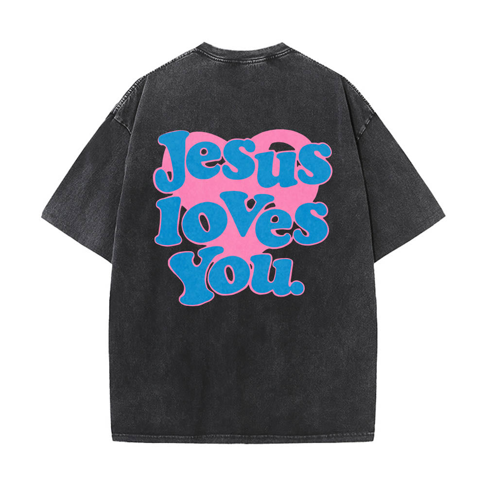 Christianartworkshop Heart Back Bubble Font Jesus Loves You Statement Print Washed T‑Shirt - Black - 5XL - image 4