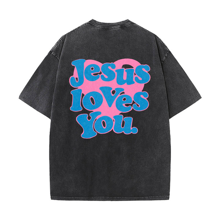 Christianartworkshop Heart Back Bubble Font Jesus Loves You Statement Print Washed T‑Shirt - Black - 5XL - image 4