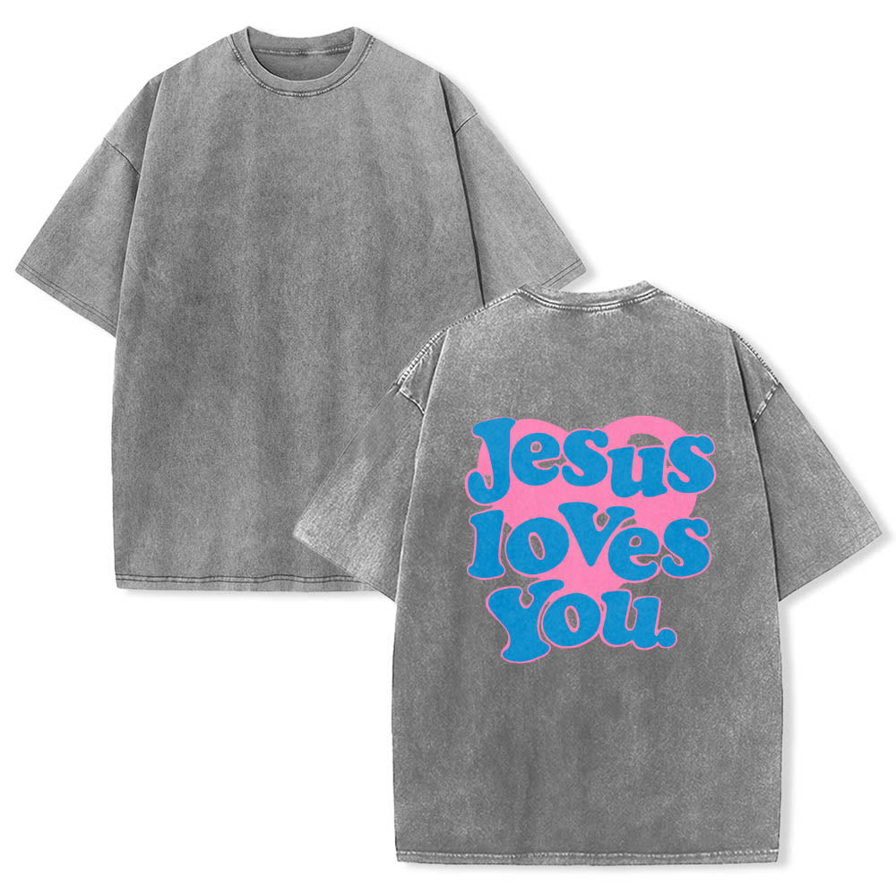 Christianartworkshop Heart Back Bubble Font Jesus Loves You Statement Print Washed T‑Shirt - image 3