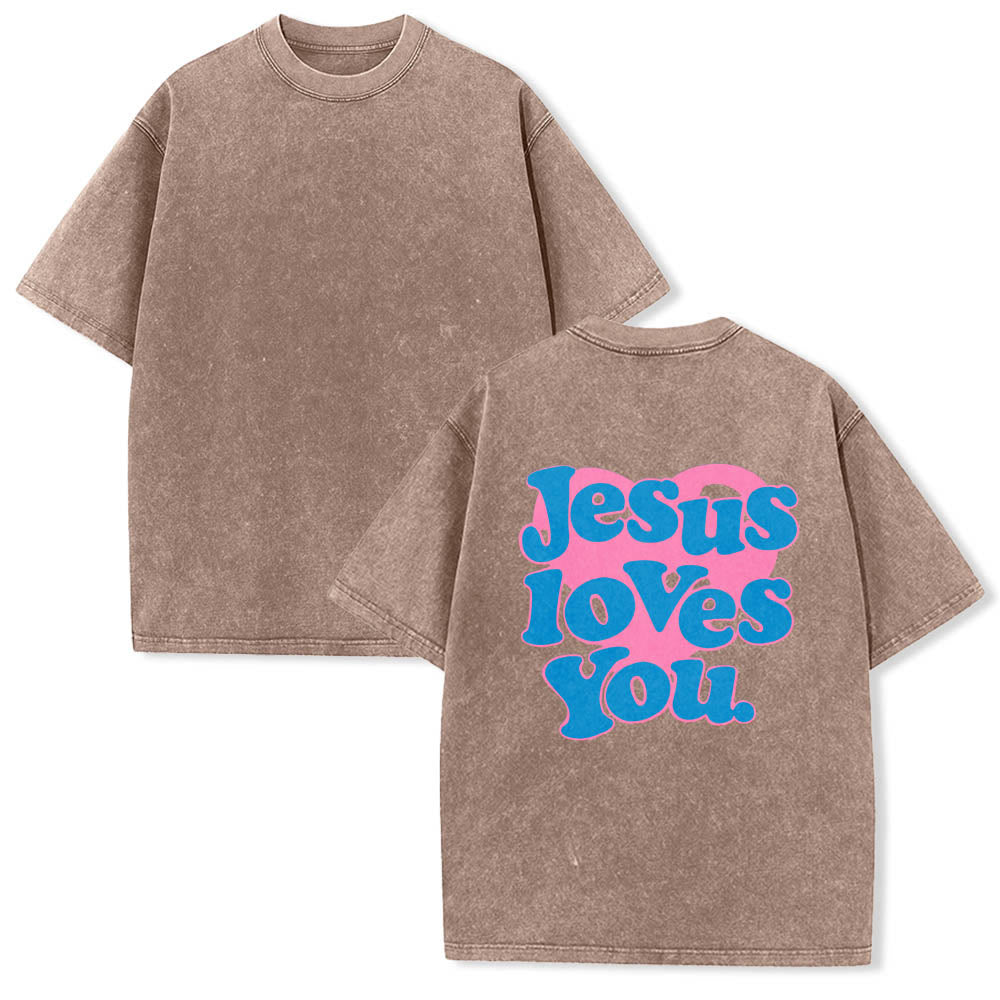 Christianartworkshop Heart Back Bubble Font Jesus Loves You Statement Print Washed T‑Shirt - image 9