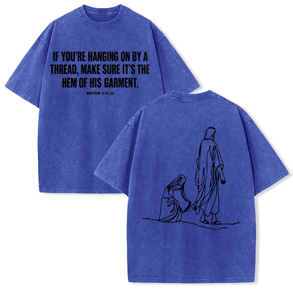 Christianartworkshop Matthew 9:20‑22 Faith Quote Front Bleeding Woman Touch Christ Robe Line Art Rear Print Washed T‑Shirt - Blue - 5XL - image 12