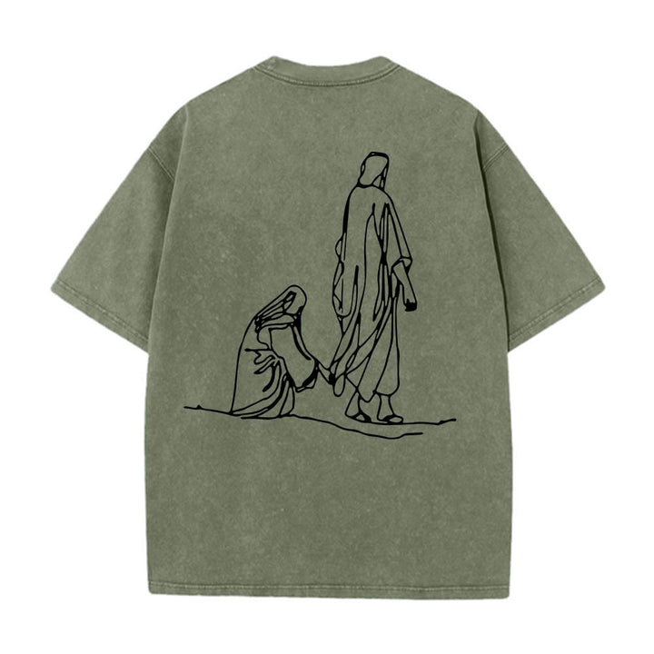 Christianartworkshop Matthew 9:20‑22 Faith Quote Front Bleeding Woman Touch Christ Robe Line Art Rear Print Washed T‑Shirt - image 26