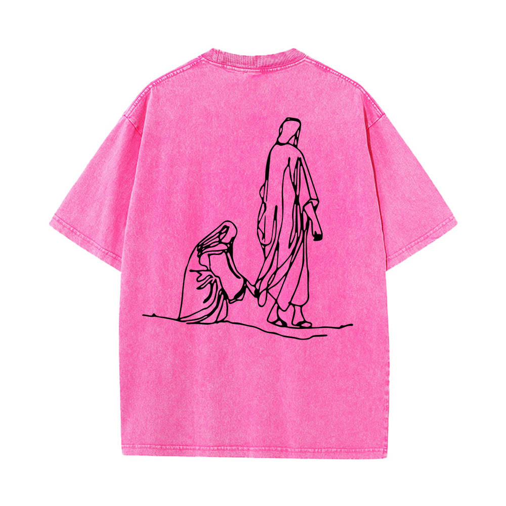 Christianartworkshop Matthew 9:20‑22 Faith Quote Front Bleeding Woman Touch Christ Robe Line Art Rear Print Washed T‑Shirt - image 23