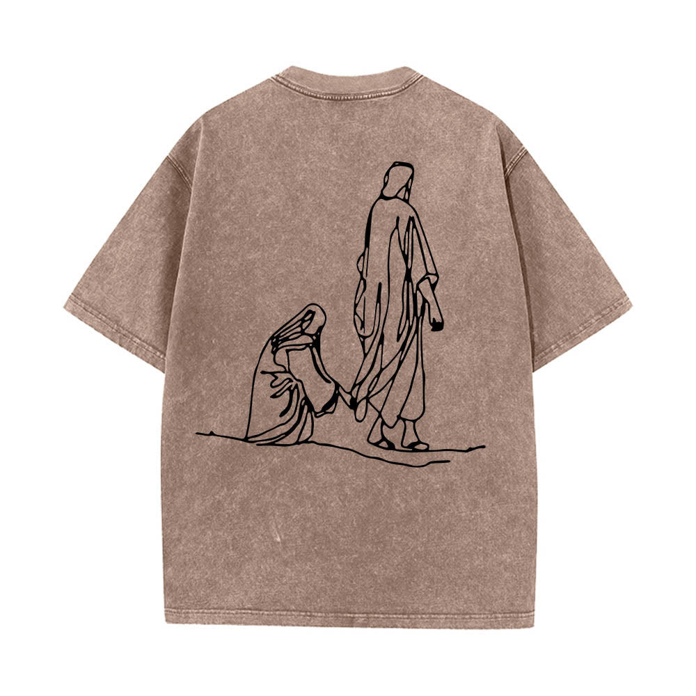 Christianartworkshop Matthew 9:20‑22 Faith Quote Front Bleeding Woman Touch Christ Robe Line Art Rear Print Washed T‑Shirt - image 2