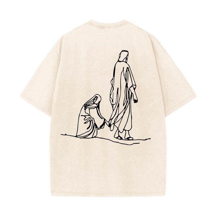 Christianartworkshop Matthew 9:20‑22 Faith Quote Front Bleeding Woman Touch Christ Robe Line Art Rear Print Washed T‑Shirt - image 5