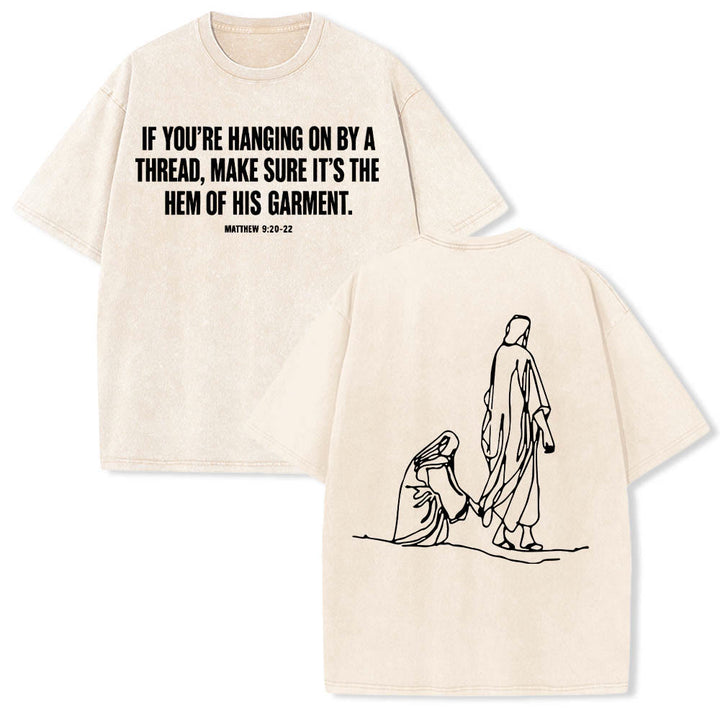 Christianartworkshop Matthew 9:20‑22 Faith Quote Front Bleeding Woman Touch Christ Robe Line Art Rear Print Washed T‑Shirt - Beige - 5XL - image 3