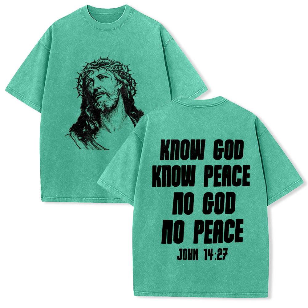 Christianartworkshop Thorn Crown Jesus Bust Front Know God Know Peace John 14:27 Rear Dual Side Print Washed T‑Shirt - Green - 5XL - image 15