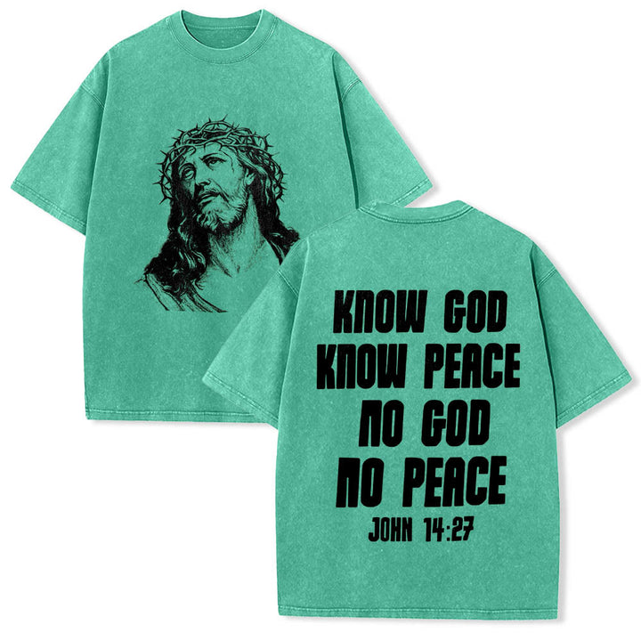 Christianartworkshop Thorn Crown Jesus Bust Front Know God Know Peace John 14:27 Rear Dual Side Print Washed T‑Shirt - Green - 5XL - image 15