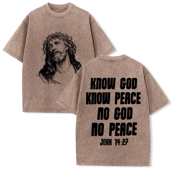 Christianartworkshop Thorn Crown Jesus Bust Front Know God Know Peace John 14:27 Rear Dual Side Print Washed T‑Shirt - Brown - 5XL - image 3