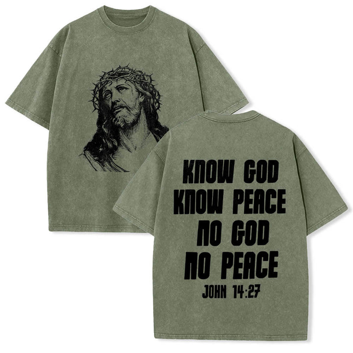 Christianartworkshop Thorn Crown Jesus Bust Front Know God Know Peace John 14:27 Rear Dual Side Print Washed T‑Shirt - Army Green - 5XL - image 24
