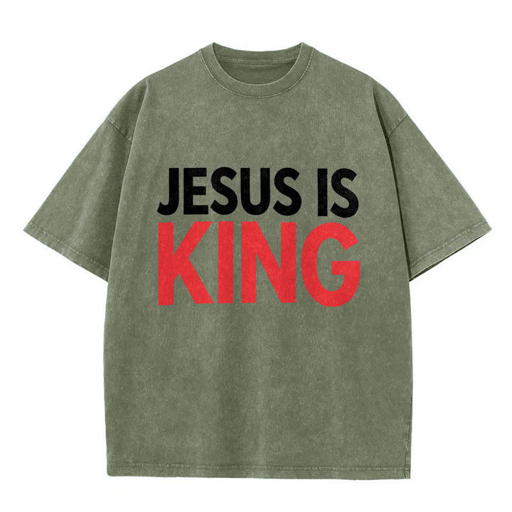 Christianartworkshop Two Tier Bold Block Jesus Is King Front Typography Print Washed T‑Shirt - Army Green - 5XL - image 16