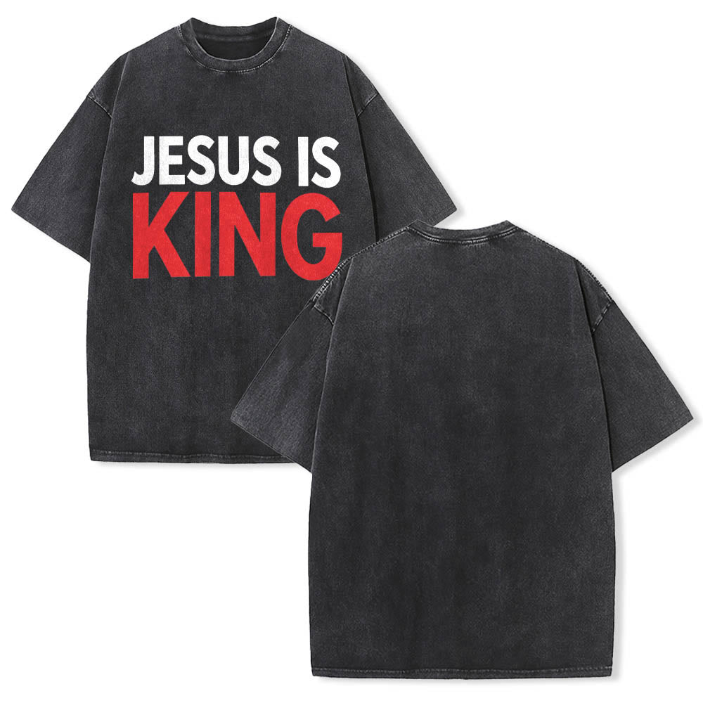 Christianartworkshop Two Tier Bold Block Jesus Is King Front Typography Print Washed T‑Shirt - image 1