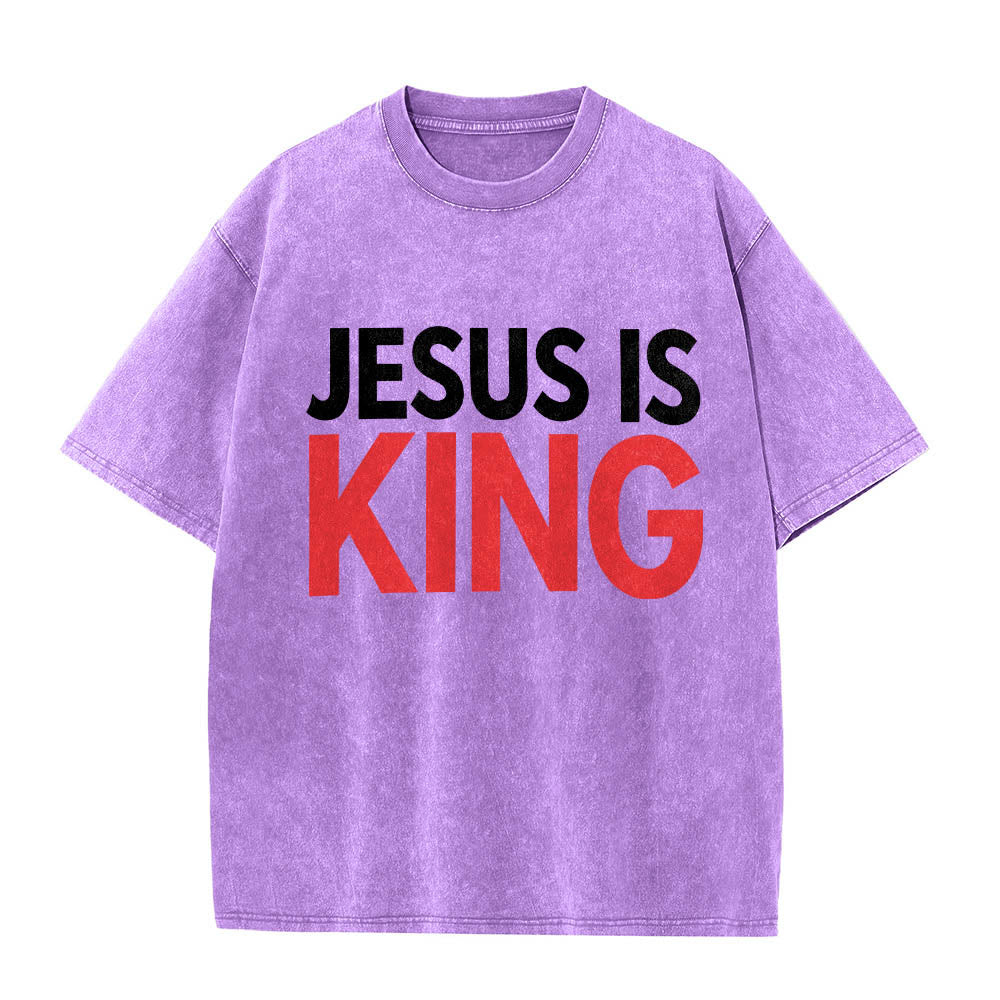 Christianartworkshop Two Tier Bold Block Jesus Is King Front Typography Print Washed T‑Shirt - Purple - 5XL - image 12