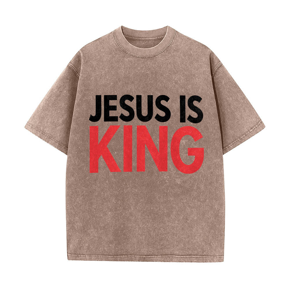 Christianartworkshop Two Tier Bold Block Jesus Is King Front Typography Print Washed T‑Shirt - Brown - 5XL - image 4