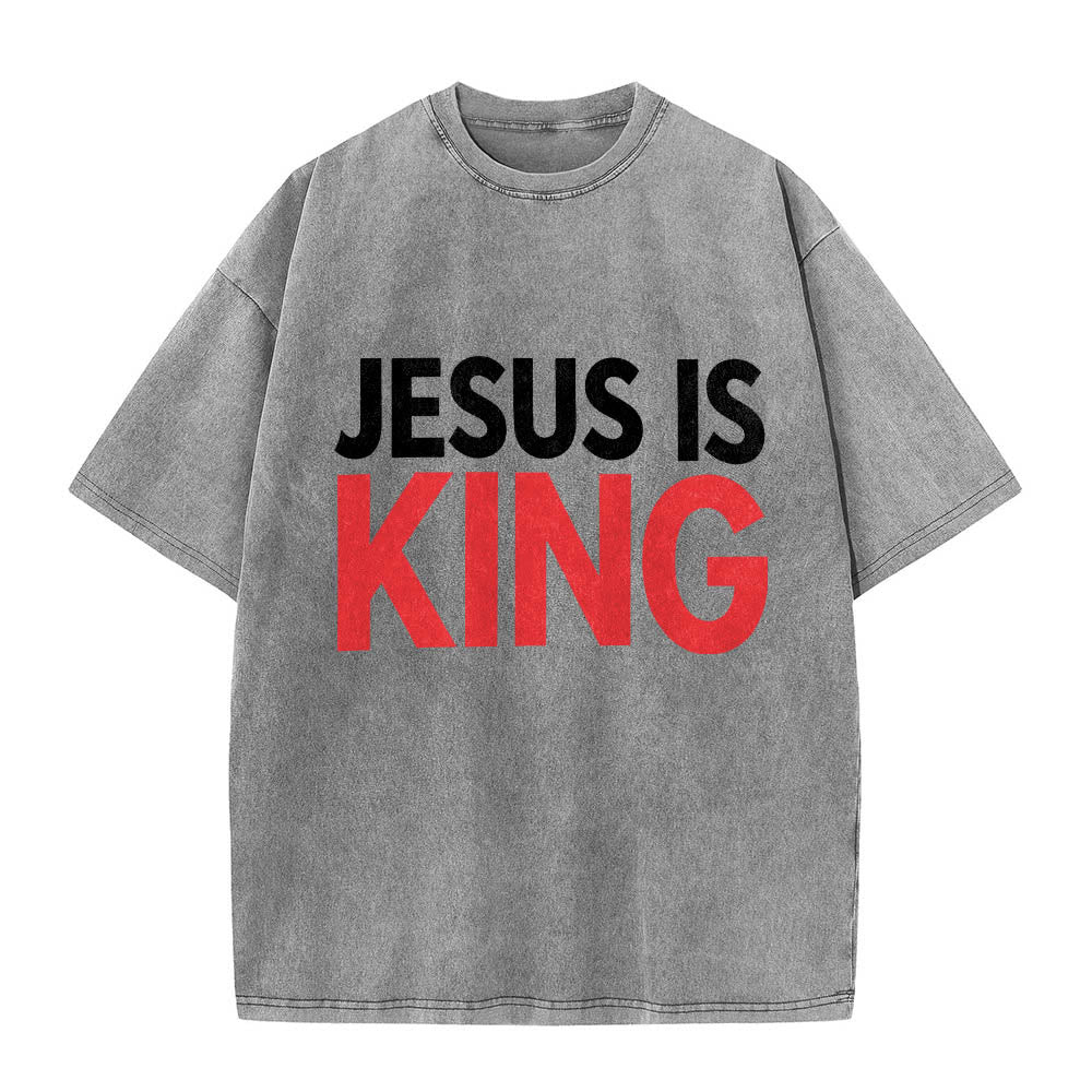 Christianartworkshop Two Tier Bold Block Jesus Is King Front Typography Print Washed T‑Shirt - Grey - 5XL - image 6