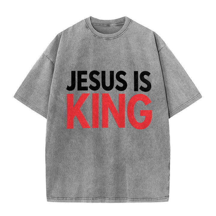 Christianartworkshop Two Tier Bold Block Jesus Is King Front Typography Print Washed T‑Shirt - Grey - 5XL - image 6