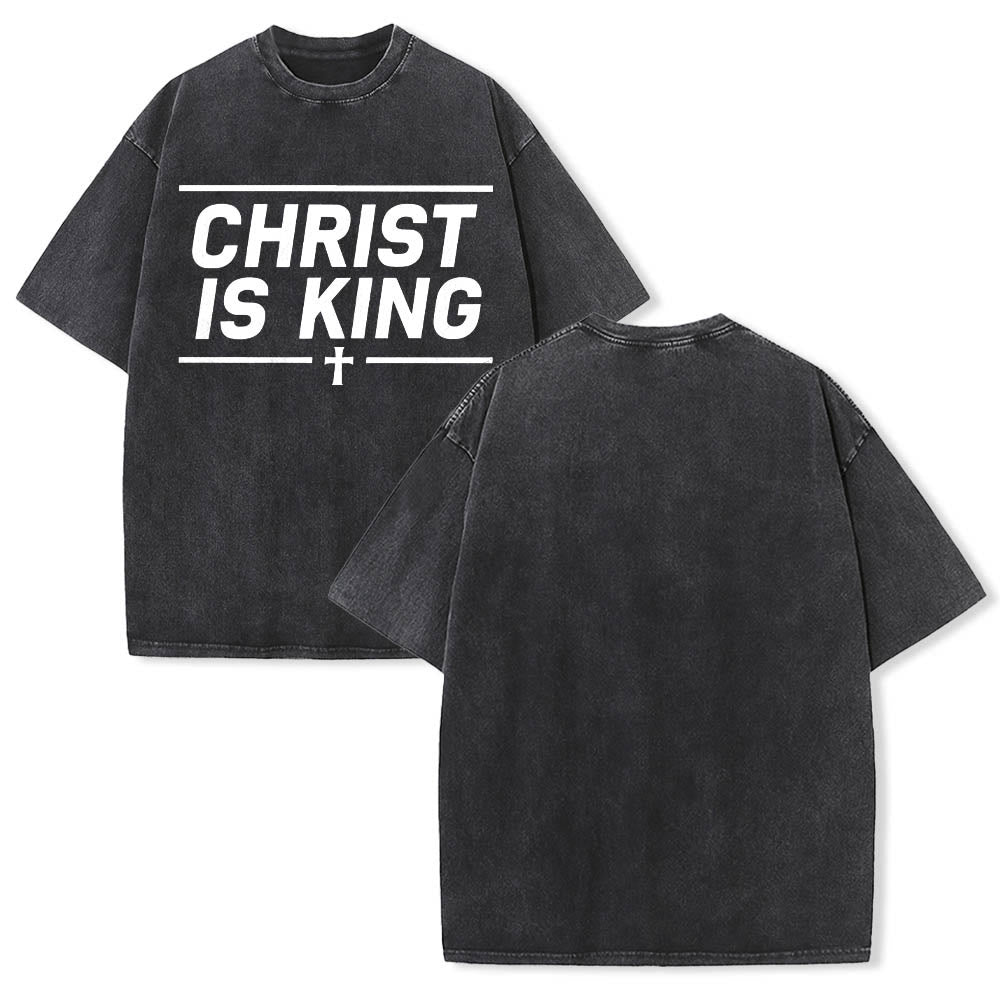 Christianartworkshop Double Horizontal Line Framed Christ Is King Centered Cross Front Print Washed T‑Shirt - image 1