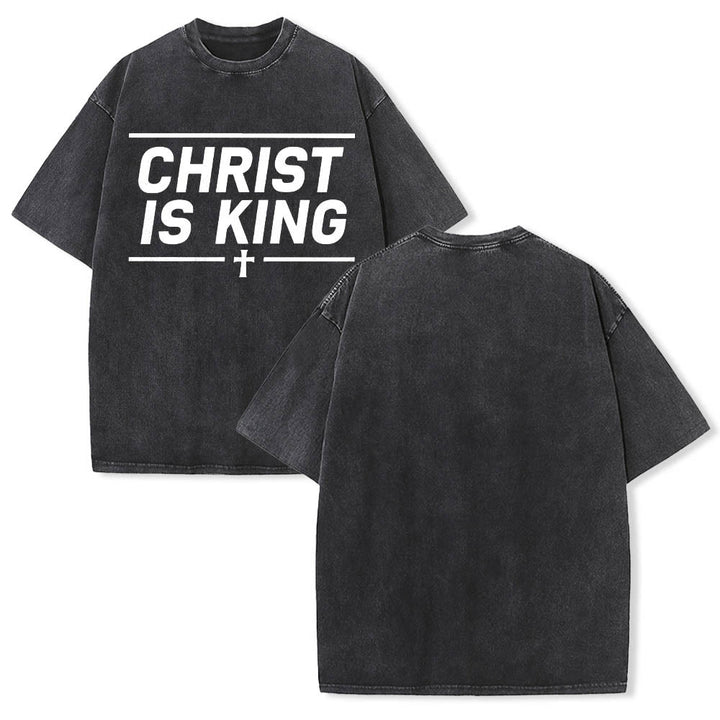Christianartworkshop Double Horizontal Line Framed Christ Is King Centered Cross Front Print Washed T‑Shirt - image 1