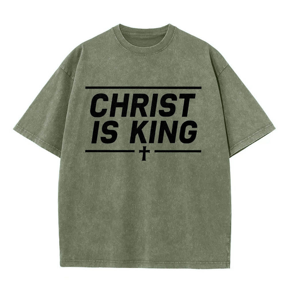 Christianartworkshop Double Horizontal Line Framed Christ Is King Centered Cross Front Print Washed T‑Shirt - Army Green - 5XL - image 16