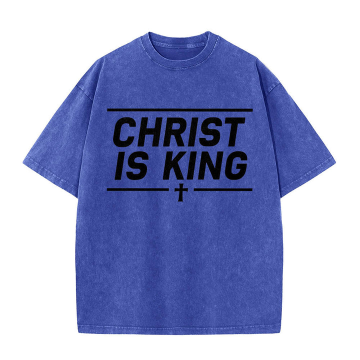 Christianartworkshop Double Horizontal Line Framed Christ Is King Centered Cross Front Print Washed T‑Shirt - Blue - 5XL - image 8