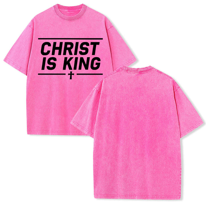 Christianartworkshop Double Horizontal Line Framed Christ Is King Centered Cross Front Print Washed T‑Shirt - image 15