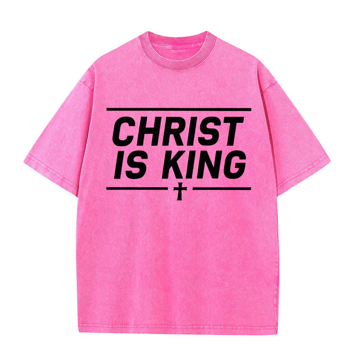 Christianartworkshop Double Horizontal Line Framed Christ Is King Centered Cross Front Print Washed T‑Shirt - Pink - 5XL - image 14