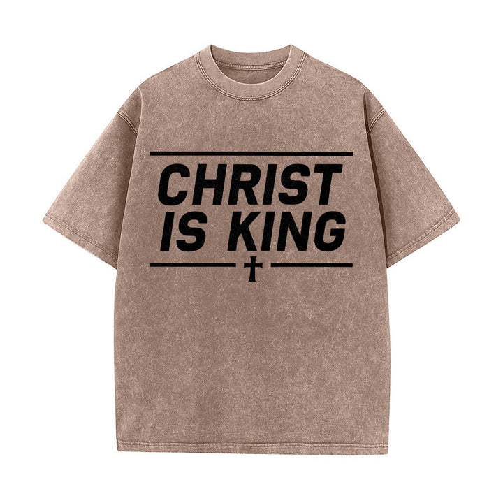 Christianartworkshop Double Horizontal Line Framed Christ Is King Centered Cross Front Print Washed T‑Shirt - Brown - 5XL - image 4