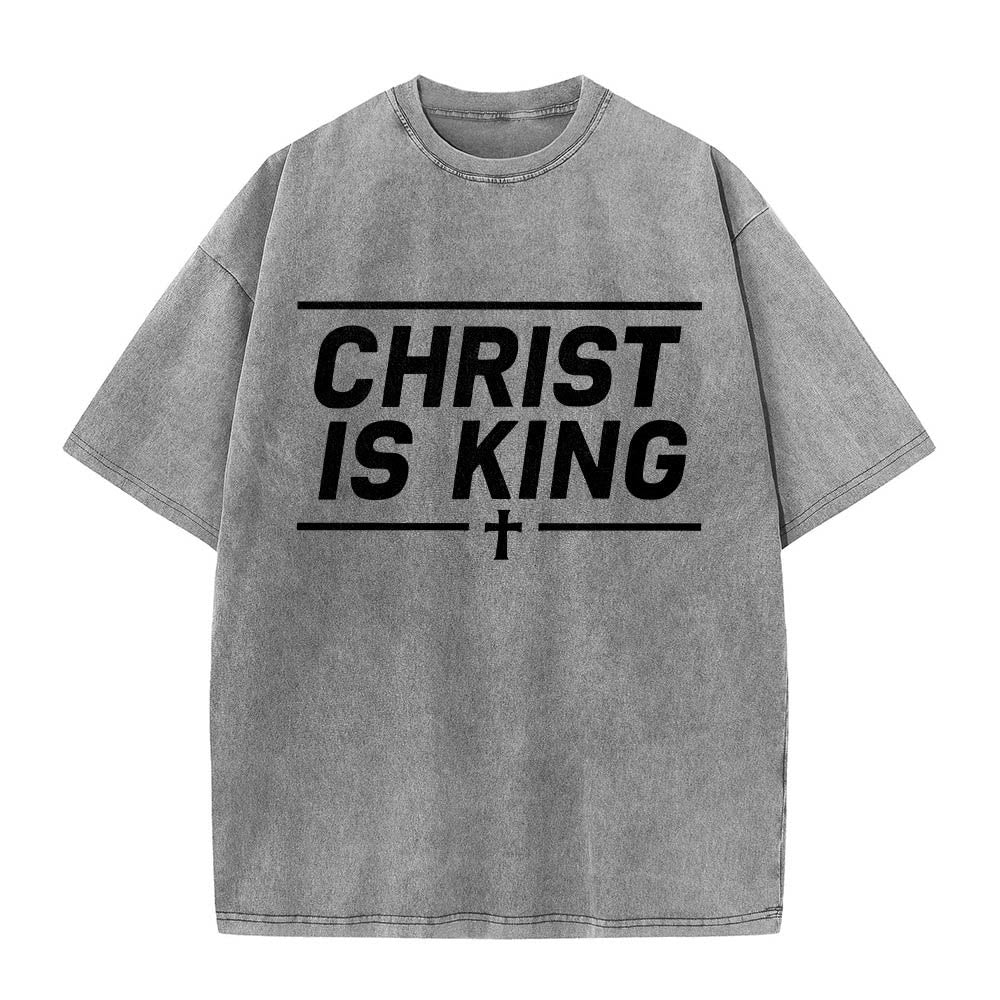 Christianartworkshop Double Horizontal Line Framed Christ Is King Centered Cross Front Print Washed T‑Shirt - Grey - 5XL - image 6