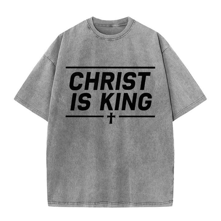 Christianartworkshop Double Horizontal Line Framed Christ Is King Centered Cross Front Print Washed T‑Shirt - Grey - 5XL - image 6