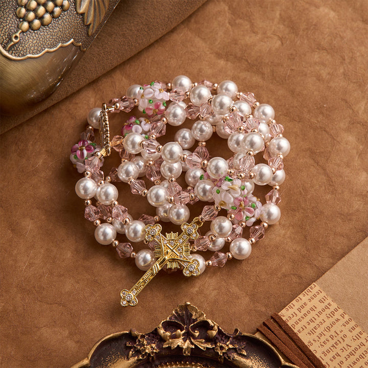 Christianartworkshop Cream Pearl Floral Crystal Rosary With Jeweled Golden Crucifix: Emblem of Soft Heavenly Tenderness - image 3