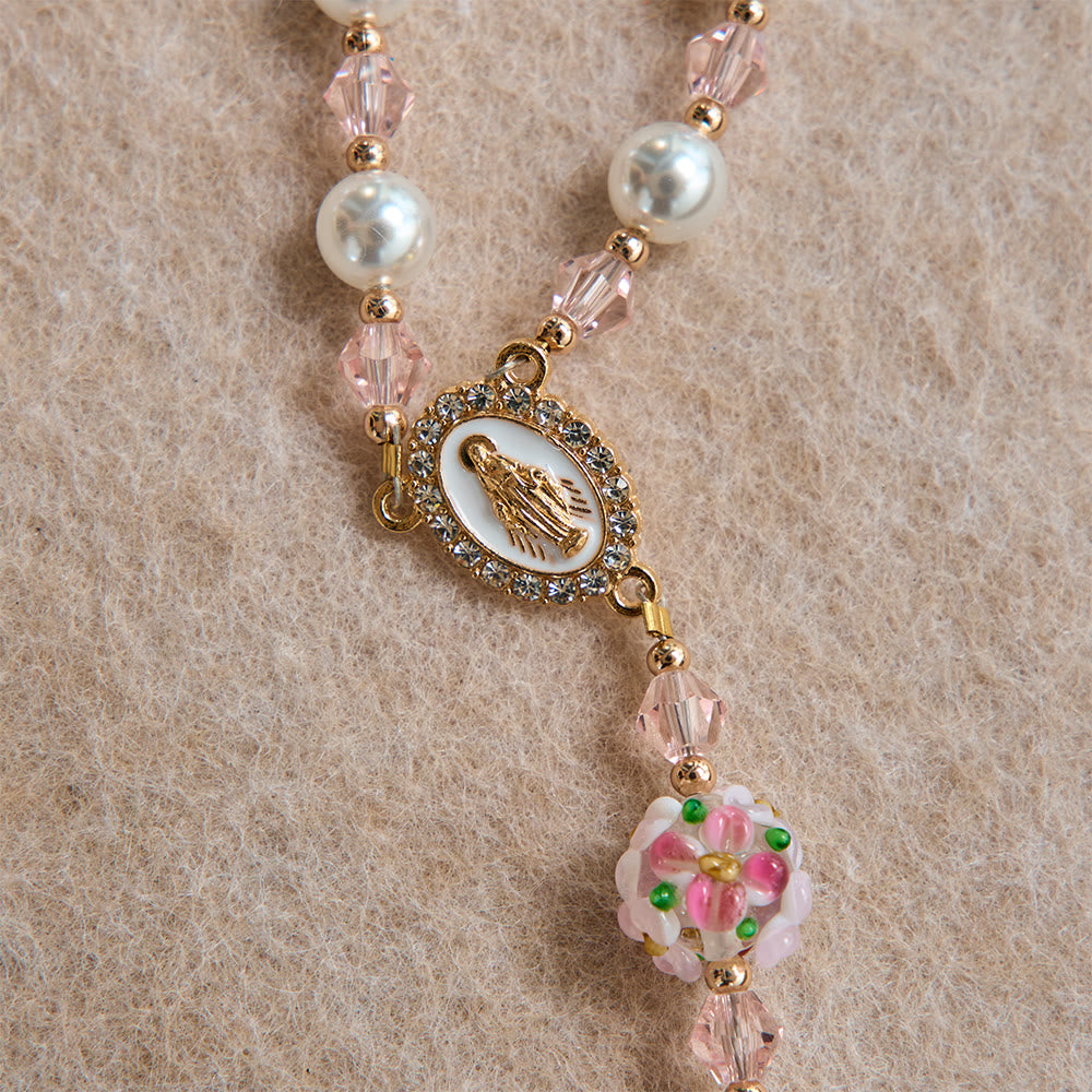 Christianartworkshop Cream Pearl Floral Crystal Rosary With Jeweled Golden Crucifix: Emblem of Soft Heavenly Tenderness - image 6