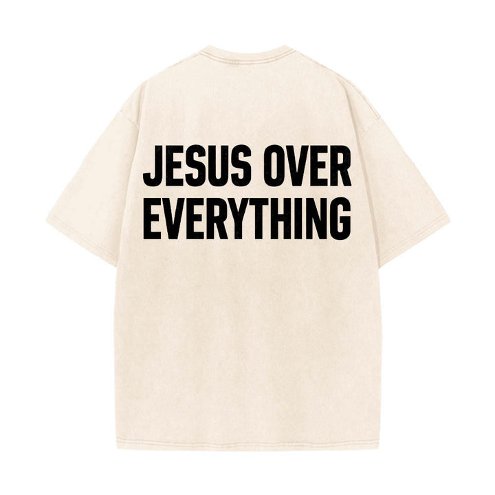 Christianartworkshop Two-Line Bold Jesus Over Everything Rear Block Letter Print Washed T‑Shirt - Beige - 5XL - image 2