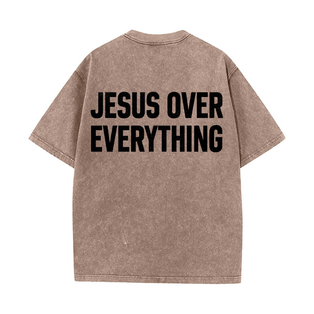 Christianartworkshop Two-Line Bold Jesus Over Everything Rear Block Letter Print Washed T‑Shirt - Brown - 5XL - image 4