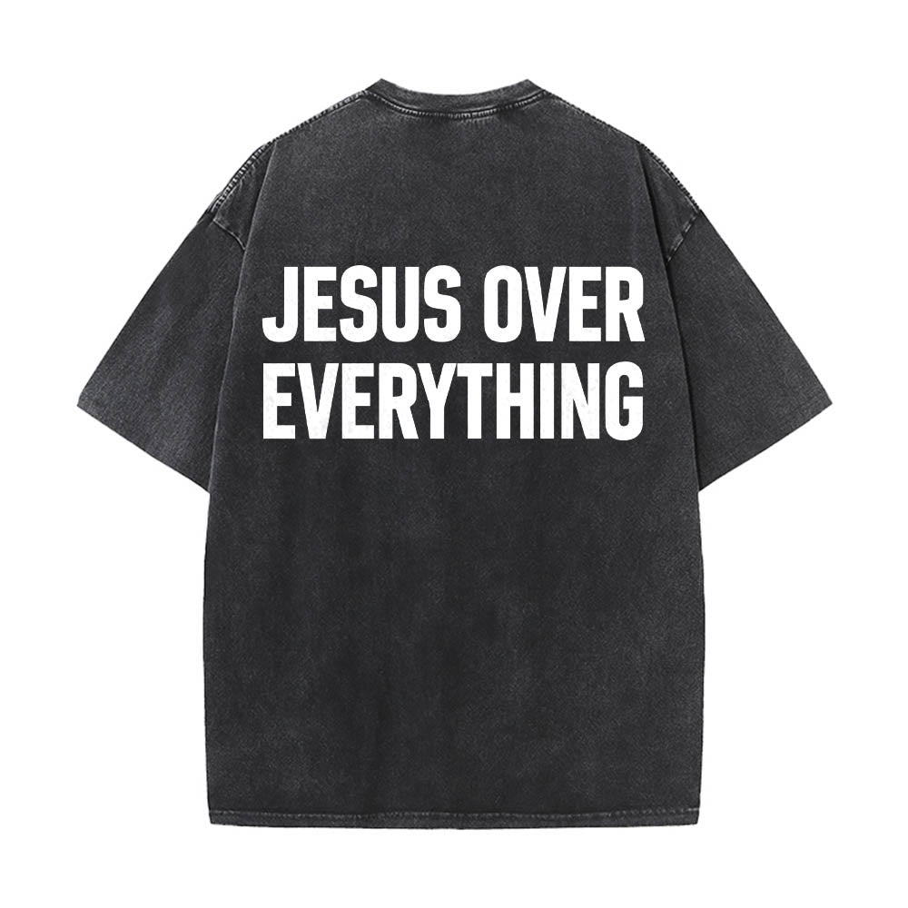 Christianartworkshop Two-Line Bold Jesus Over Everything Rear Block Letter Print Washed T‑Shirt - Black - 5XL - image 0