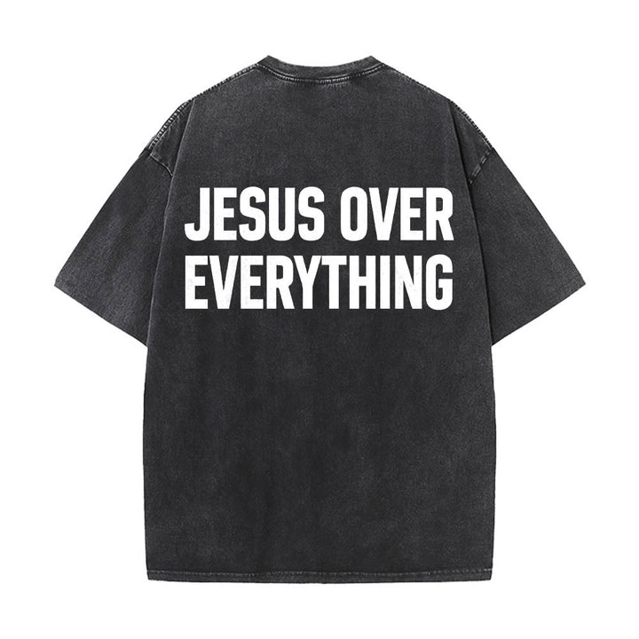 Christianartworkshop Two-Line Bold Jesus Over Everything Rear Block Letter Print Washed T‑Shirt - Black - 5XL - image 0