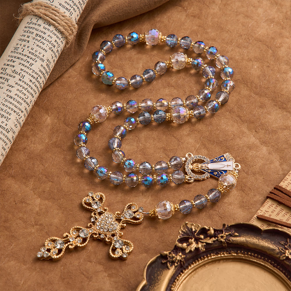 Christianartworkshop Iridescent Blue Beads Rosary With Our Lady of Aparecida & Rhinestone Crucifix: Custom Name Bead Keepsake For Chapel - image 4