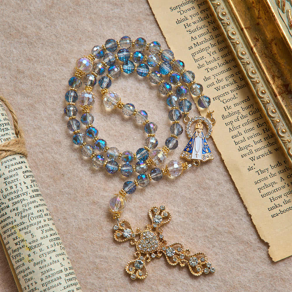 Christianartworkshop Iridescent Blue Beads Rosary With Our Lady of Aparecida & Rhinestone Crucifix: Custom Name Bead Keepsake For Chapel - Regular - image 0