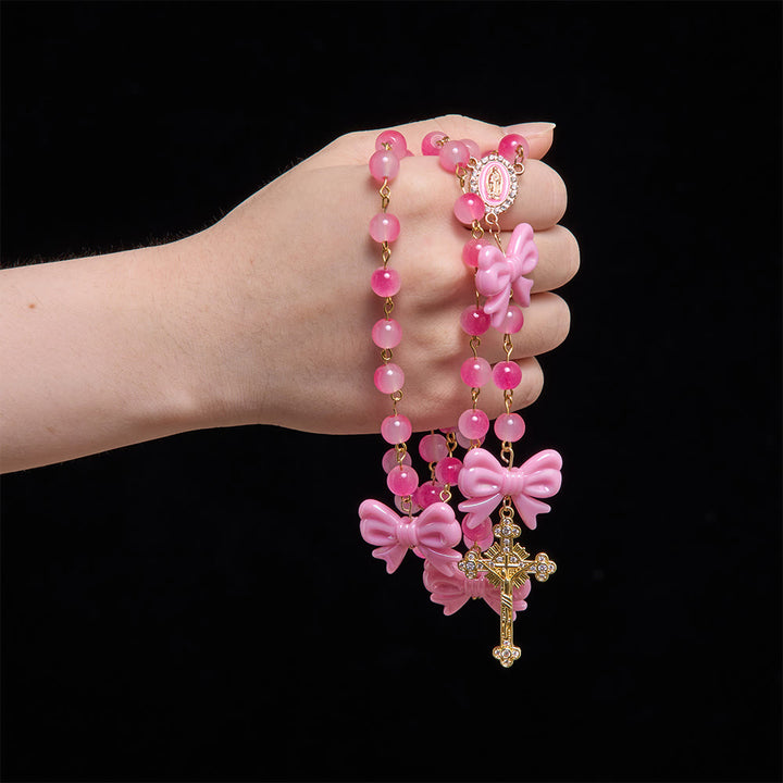 Christianartworkshop Girly Dual-Tone Gradient Bead Rosary With Glossy Resin Bows & Jeweled Gold Crucifix - image 1